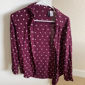 Red and white polka dot button down